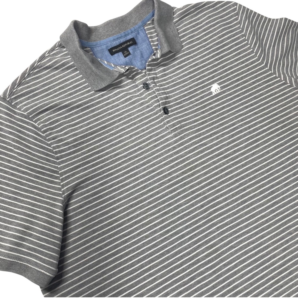 Banana Republic Mens XL Polo Shirt Grey White Striped Elephant Logo Short Sleeve